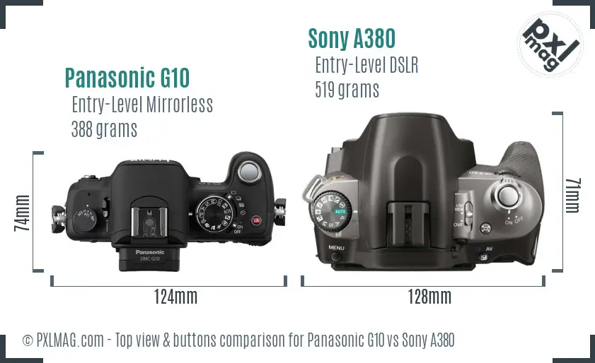 Panasonic G10 vs Sony A380 top view buttons comparison Panasonic G10 vs Sony A380 top view buttons comparison