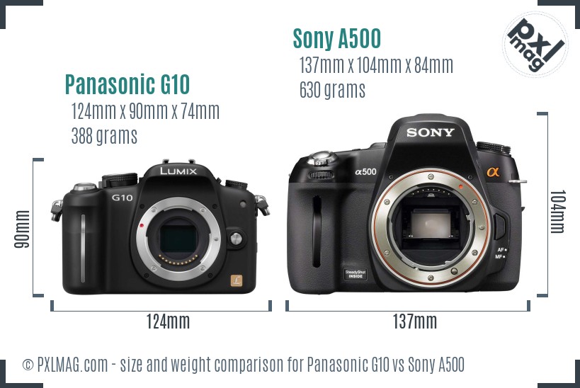 Panasonic G10 vs Sony A500 size comparison Panasonic G10 vs Sony A500 size comparison