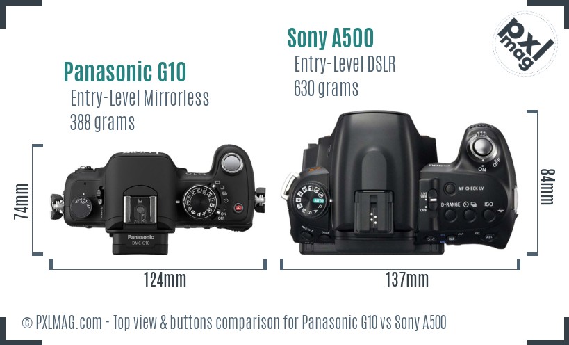 Panasonic G10 vs Sony A500 top view buttons comparison