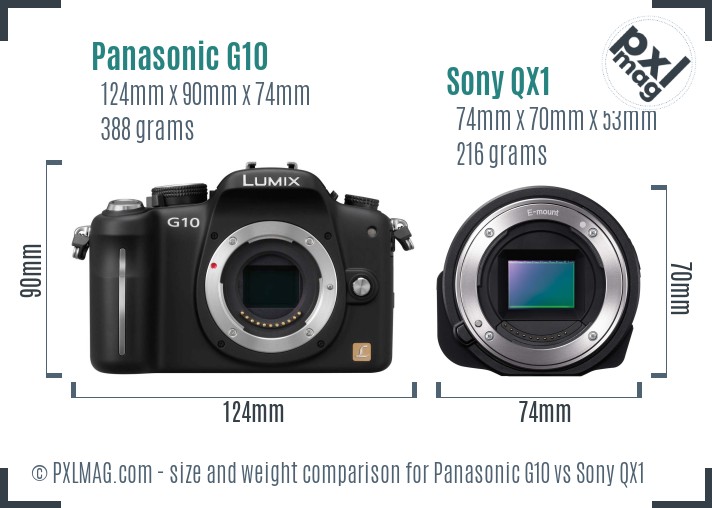 Panasonic G10 vs Sony QX1 size comparison