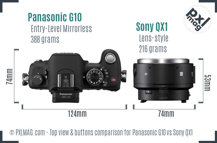 Panasonic G10 vs Sony QX1 top view buttons comparison