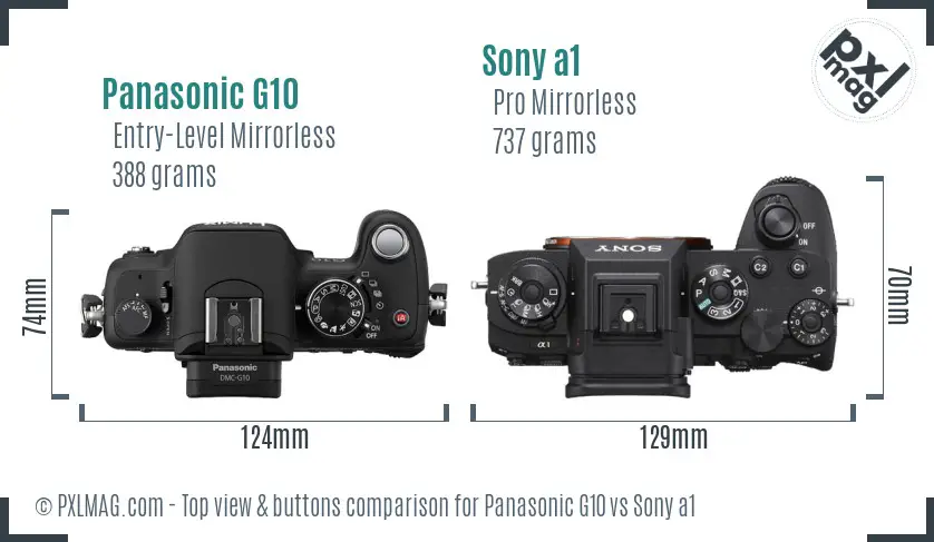 Panasonic G10 vs Sony a1 top view buttons comparison