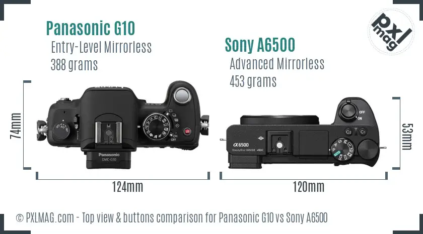 Panasonic G10 vs Sony A6500 top view buttons comparison Panasonic G10 vs Sony A6500 top view buttons comparison