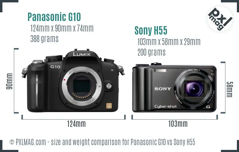 Panasonic G10 vs Sony H55 size comparison