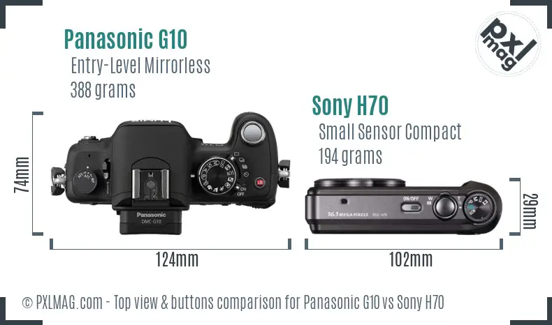 Panasonic G10 vs Sony H70 top view buttons comparison