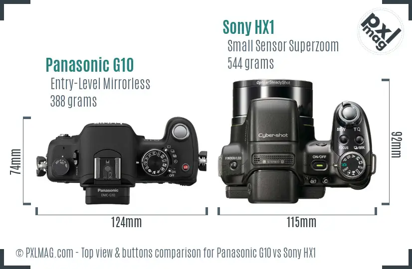 Panasonic G10 vs Sony HX1 top view buttons comparison