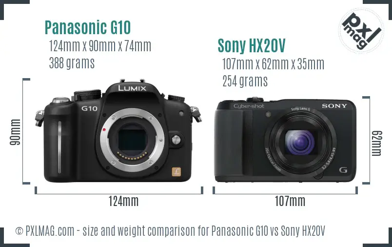 Panasonic G10 vs Sony HX20V size comparison