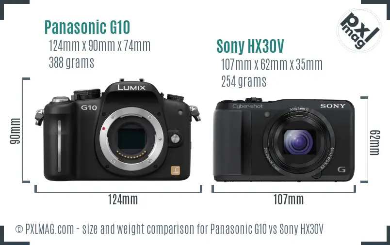 Panasonic G10 vs Sony HX30V size comparison
