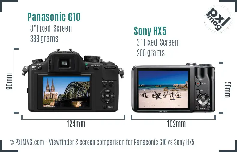 Panasonic G10 vs Sony HX5 Screen and Viewfinder comparison