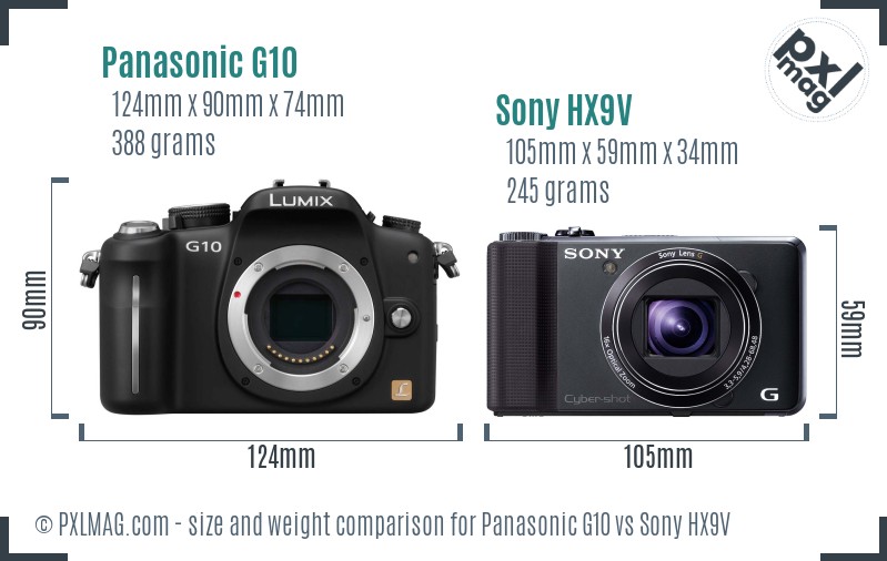 Panasonic G10 vs Sony HX9V size comparison Panasonic G10 vs Sony HX9V size comparison