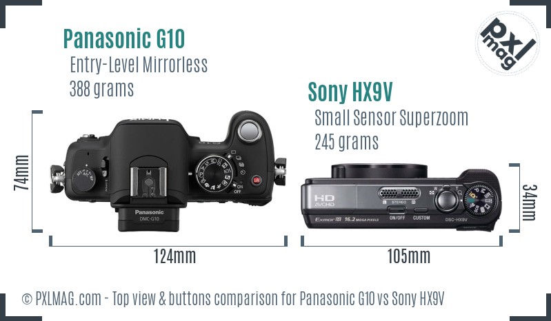 Panasonic G10 vs Sony HX9V top view buttons comparison