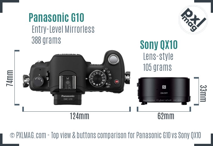 Panasonic G10 vs Sony QX10 top view buttons comparison