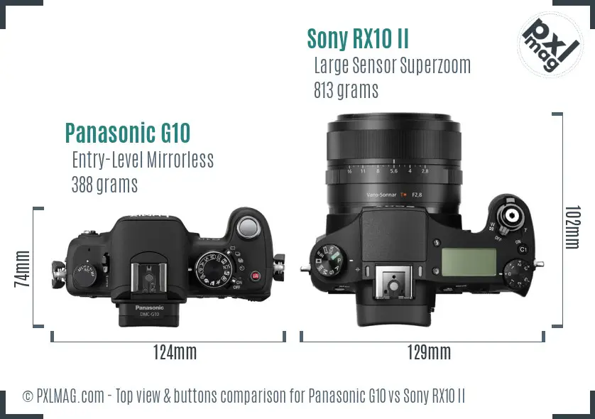 Panasonic G10 vs Sony RX10 II top view buttons comparison