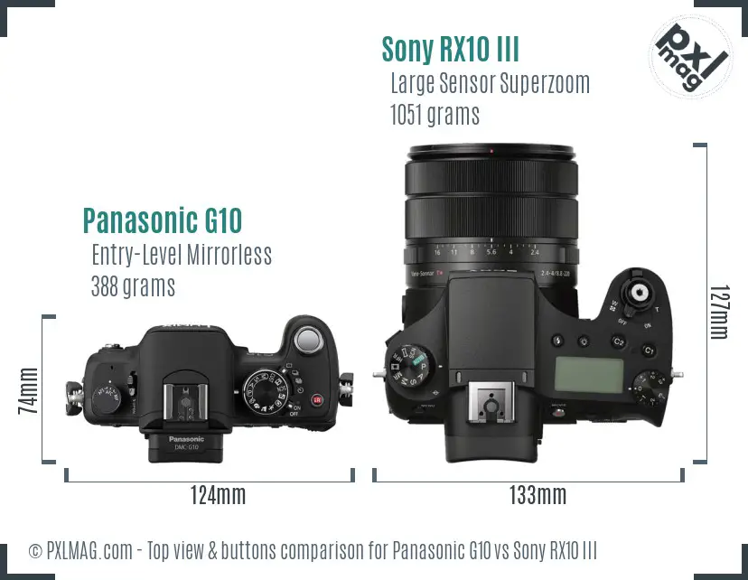 Panasonic G10 vs Sony RX10 III top view buttons comparison