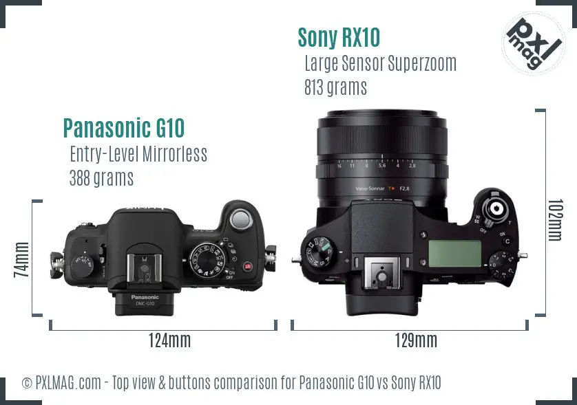 Panasonic G10 vs Sony RX10 top view buttons comparison Panasonic G10 vs Sony RX10 top view buttons comparison