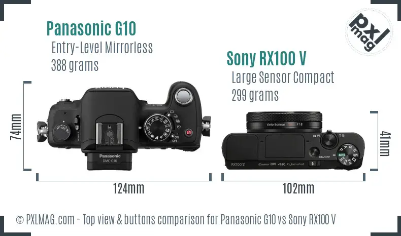 Panasonic G10 vs Sony RX100 V top view buttons comparison Panasonic G10 vs Sony RX100 V top view buttons comparison