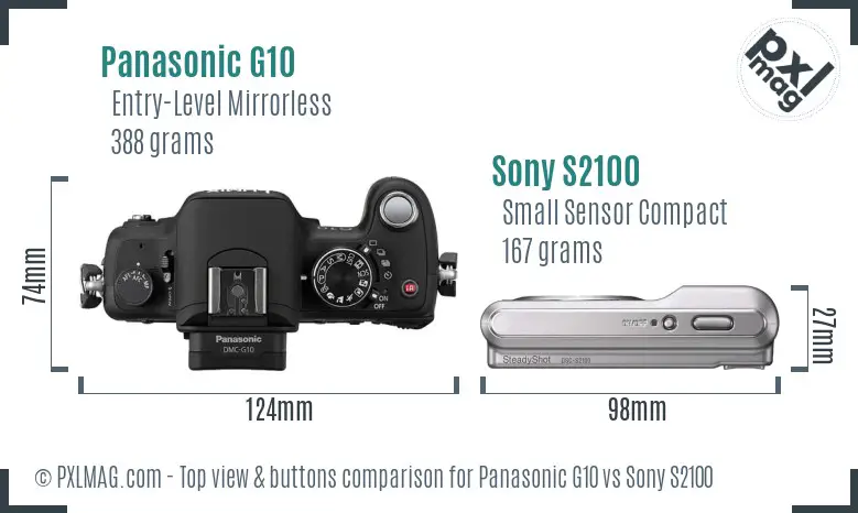 Panasonic G10 vs Sony S2100 top view buttons comparison Panasonic G10 vs Sony S2100 top view buttons comparison