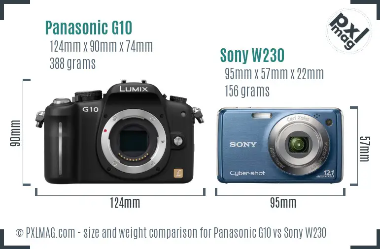 Panasonic G10 vs Sony W230 size comparison