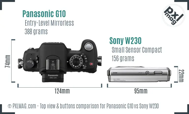 Panasonic G10 vs Sony W230 top view buttons comparison