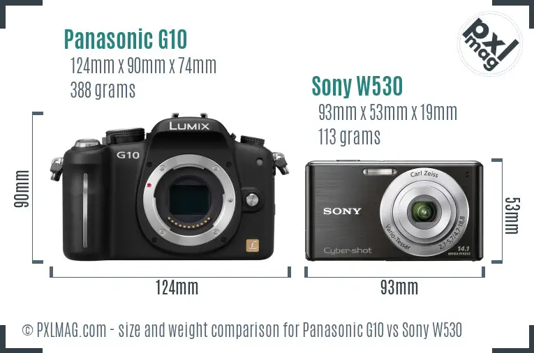 Panasonic G10 vs Sony W530 size comparison