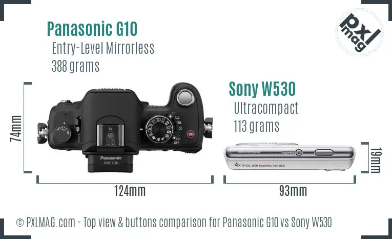 Panasonic G10 vs Sony W530 top view buttons comparison