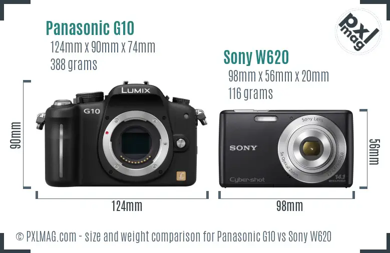 Panasonic G10 vs Sony W620 size comparison