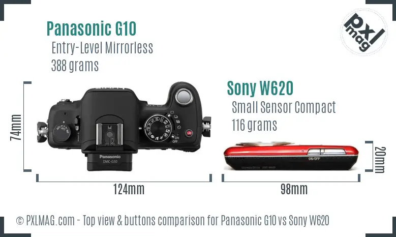 Panasonic G10 vs Sony W620 top view buttons comparison