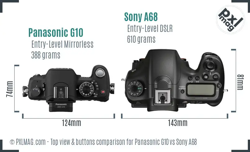 Panasonic G10 vs Sony A68 top view buttons comparison Panasonic G10 vs Sony A68 top view buttons comparison