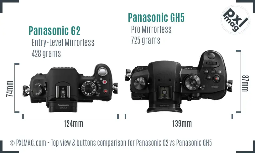 Panasonic G2 vs Panasonic GH5 top view buttons comparison