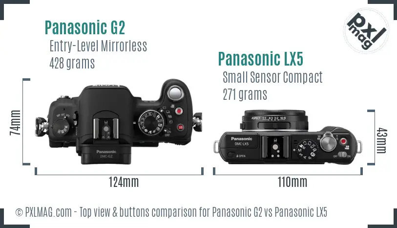 Panasonic G2 vs Panasonic LX5 top view buttons comparison