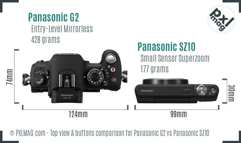 Panasonic G2 vs Panasonic SZ10 top view buttons comparison
