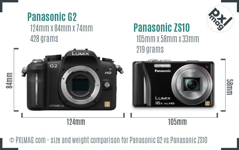 Panasonic G2 vs Panasonic ZS10 size comparison