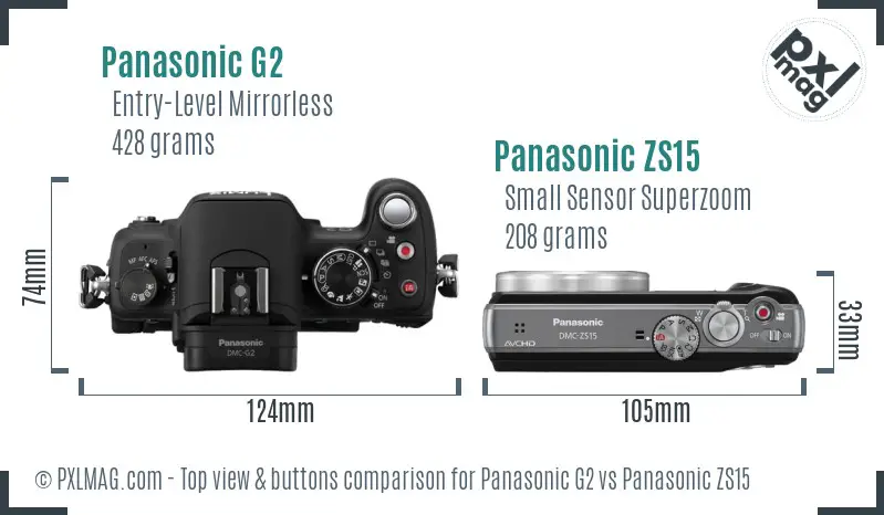 Panasonic G2 vs Panasonic ZS15 top view buttons comparison