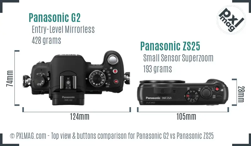 Panasonic G2 vs Panasonic ZS25 top view buttons comparison