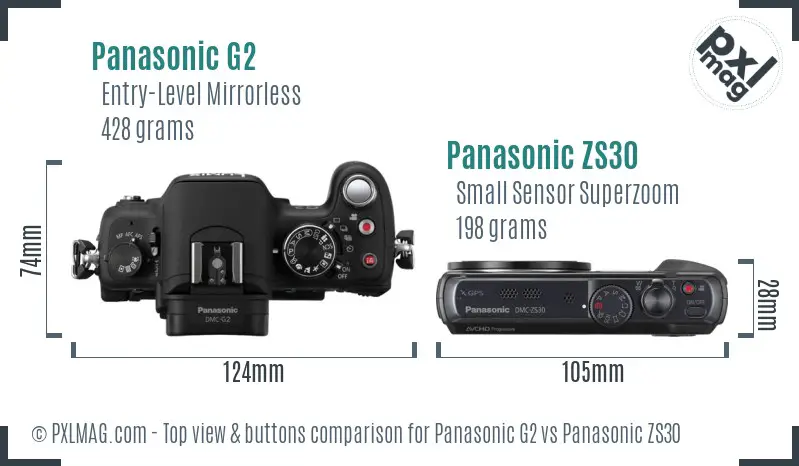 Panasonic G2 vs Panasonic ZS30 top view buttons comparison
