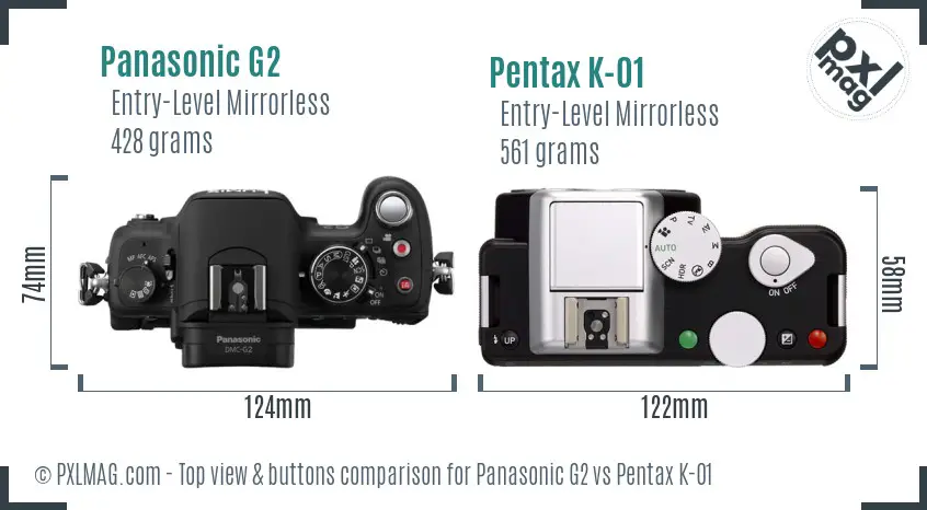 Panasonic G2 vs Pentax K-01 top view buttons comparison