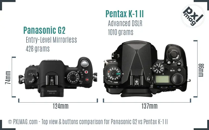 Panasonic G2 vs Pentax K-1 II top view buttons comparison