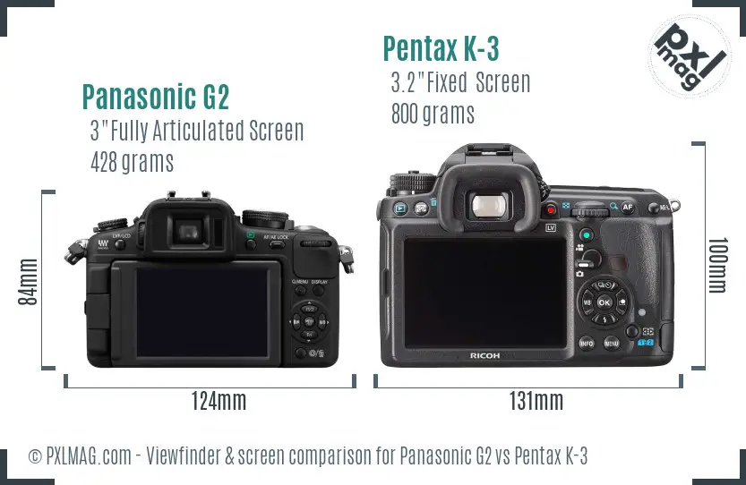 Panasonic G2 vs Pentax K-3 Screen and Viewfinder comparison