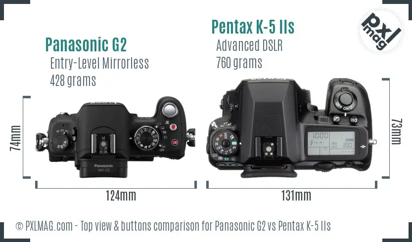 Panasonic G2 vs Pentax K-5 IIs top view buttons comparison