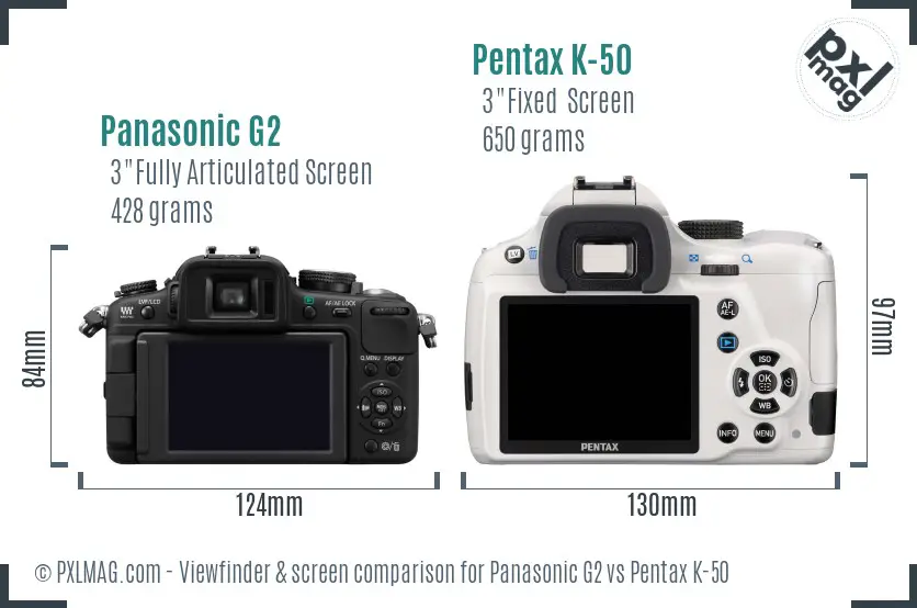 Panasonic G2 vs Pentax K-50 Screen and Viewfinder comparison