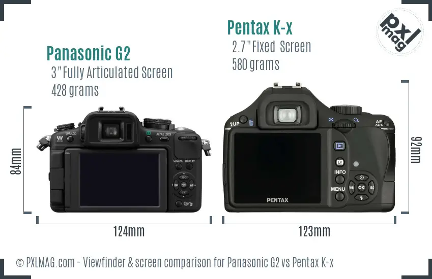 Panasonic G2 vs Pentax K-x Screen and Viewfinder comparison