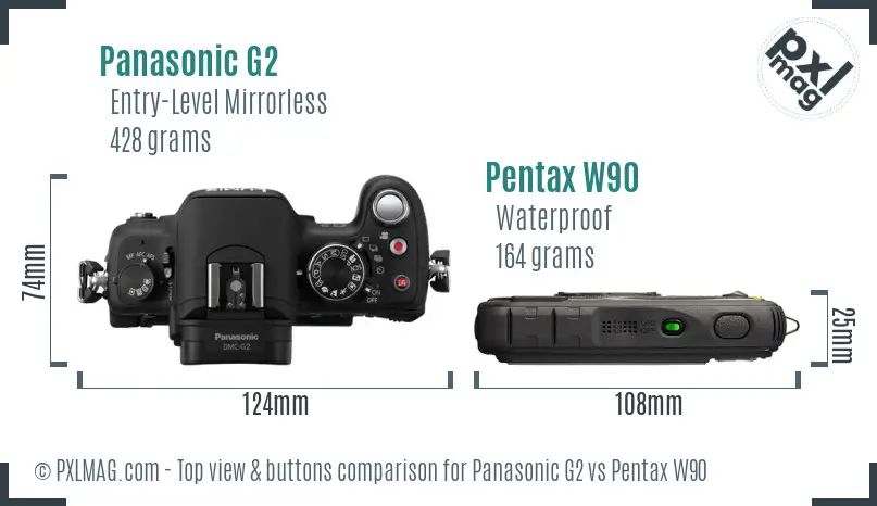 Panasonic G2 vs Pentax W90 top view buttons comparison