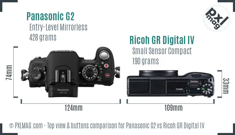 Panasonic G2 vs Ricoh GR Digital IV top view buttons comparison Panasonic G2 vs Ricoh GR Digital IV top view buttons comparison