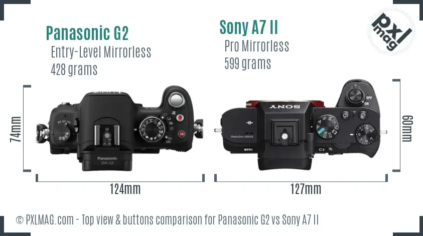 Panasonic G2 vs Sony A7 II top view buttons comparison