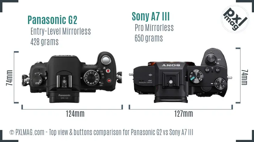 Panasonic G2 vs Sony A7 III top view buttons comparison