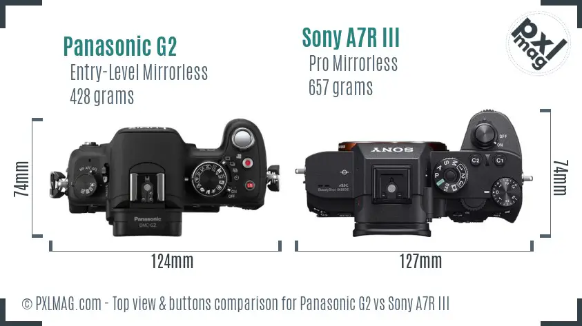 Panasonic G2 vs Sony A7R III top view buttons comparison