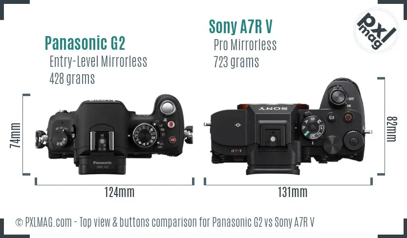 Panasonic G2 vs Sony A7R V top view buttons comparison