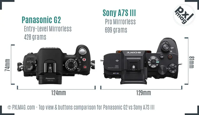 Panasonic G2 vs Sony A7S III top view buttons comparison Panasonic G2 vs Sony A7S III top view buttons comparison