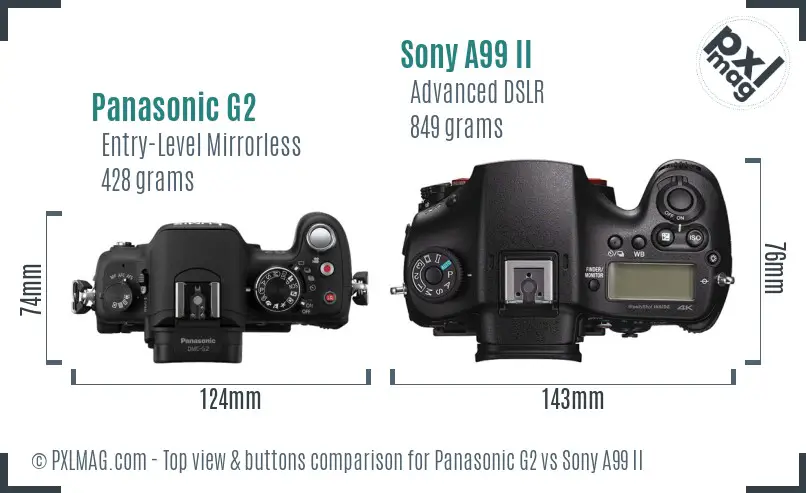 Panasonic G2 vs Sony A99 II top view buttons comparison
