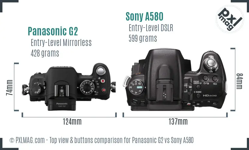 Panasonic G2 vs Sony A580 top view buttons comparison Panasonic G2 vs Sony A580 top view buttons comparison